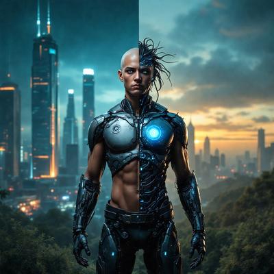 The primary subject of the image is a man with a futuristic appearance, wearing a metallic suit and a helmet. He is standing in front of a cityscape, which serves as the setting and background of the scene. The visual style of the image is digital art, as it is a computer-generated representation of the man and his surroundings. The colors and mood of the image are dark and mysterious, with the man's metallic suit and the cityscape creating a sense of futuristic technology and urban life.
